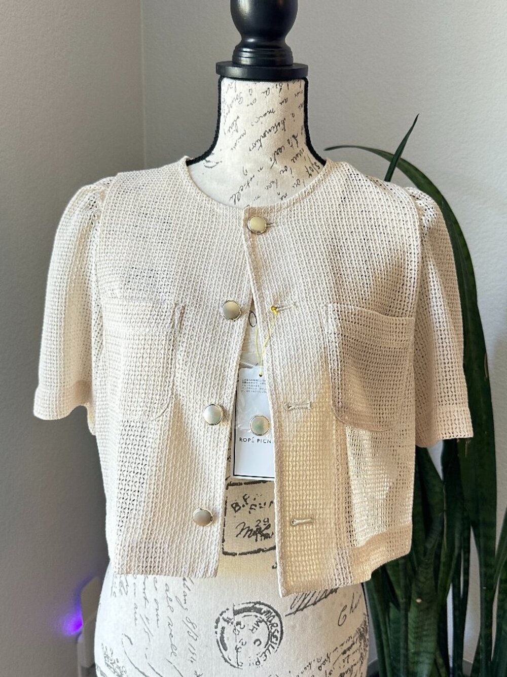 NWT ROPE PICNIC Beige Mesh Cropped Cardigan Jacket Size 38 M